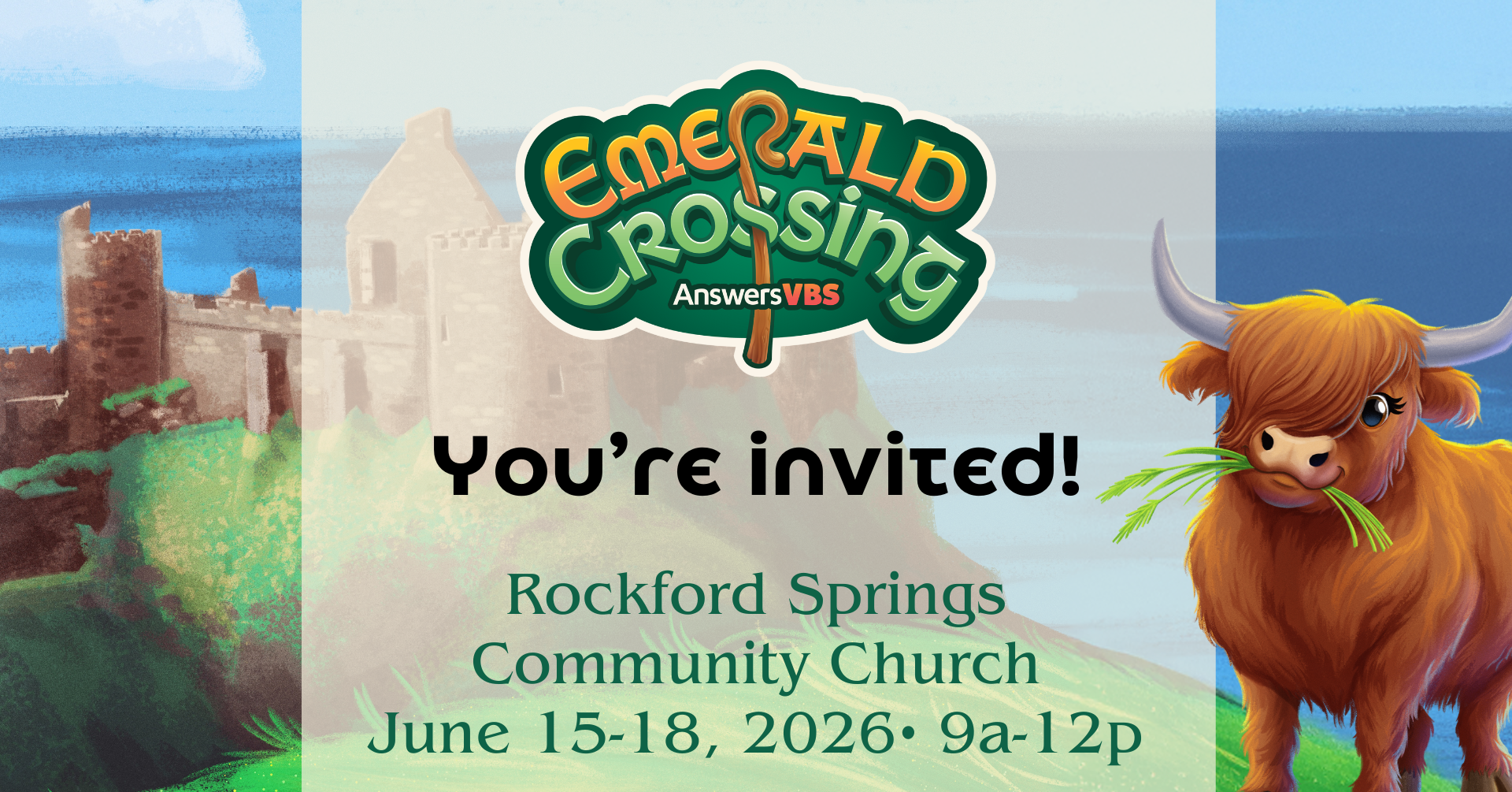 Emerald Crossing VBS Event Covers You're Invited<br />
Rockford Springs Community Church • 6/16-6/19 • 9a - 12p<br />
with a train in a wild west background